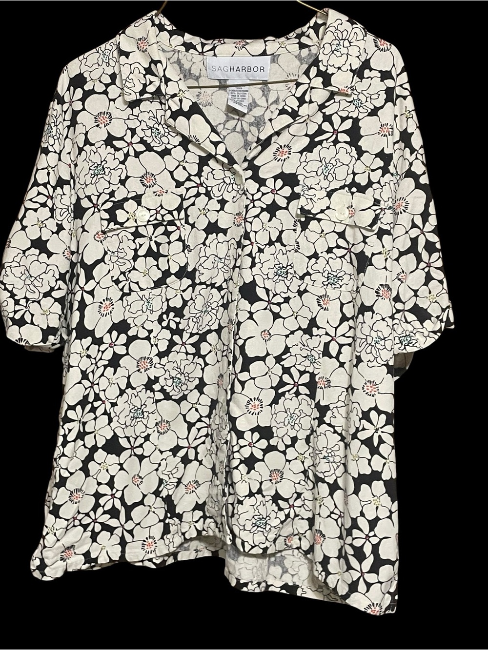 Boho silk Sag Harbor Black and Cream Floral Button-Front Shirt